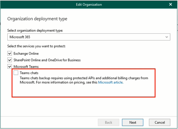 New checkbox appears within job configuration window called "Teams chats", default unchecked. Provides additional description of "Teams chats backup requires using protected APIs and additional billing charges from Microsoft. For more information on pricing, see this Microsoft article."