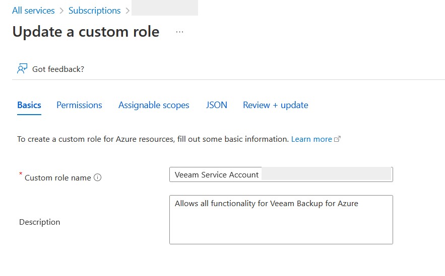 Image showing the basics tab of the 'Update a custom role' screen.