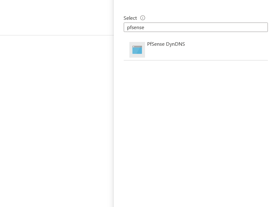 Image showing the select menu, with 'pfsense' inputted, and showing one result which is the 'PfSense DynDNS' app registration.