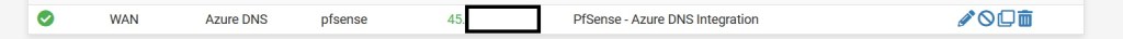 Image showing the Dynamic DNS Clients table, with the status column displaying a tick, the interface column showing 'WAN', the Service column showing 'Azure DNS', the hostname column showing 'pfsense', the cached IP column showing a partially masked IP address, with the description column showing 'PfSense - Azure DNS Integration'.