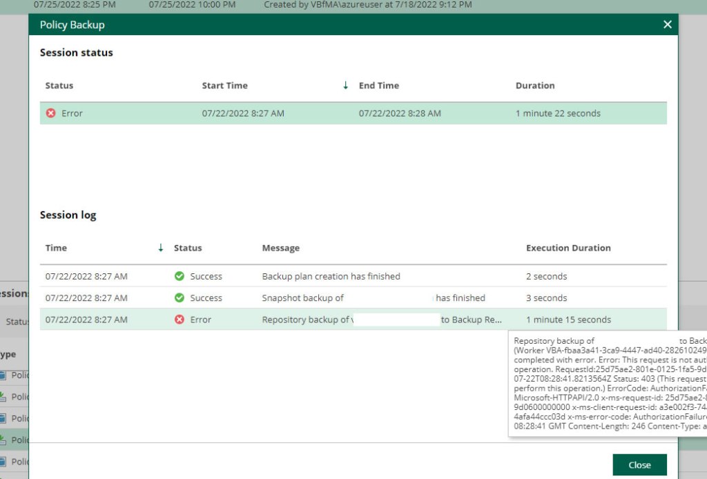 Text displaying the successful run of a snapshot backup job, but the failure of the repository backup job.