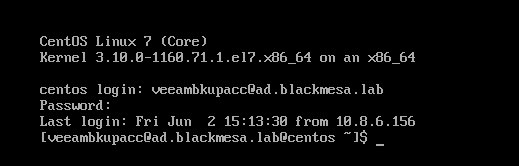 Screenshot showing the AD user "veeambkupacc@ad.blackmesa.lab" signed into CentOS