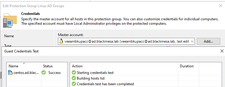 Screenshot showing successful connection attempt using Linux account credentials, the icon next to 'centos.ad.blac...' shows a Linux icon.