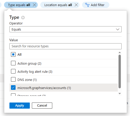 Image shows the 'type' filter selected, with an operator type of 'equals' and the value set to 'microsoft.graphservices/accounts'.