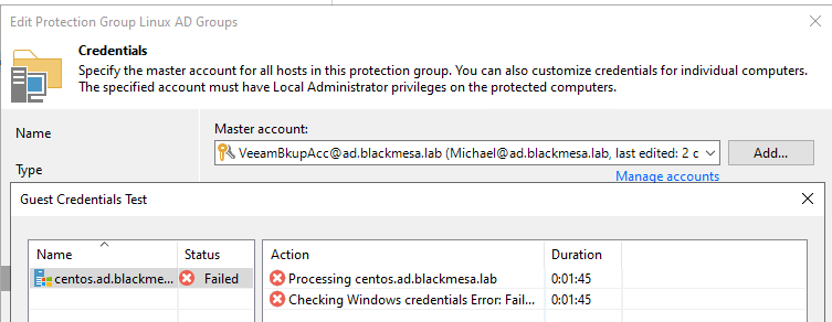 Screenshot showing failed connection test, the icon for the server called 'centos.ad.blackme...' shows a Windows icon.