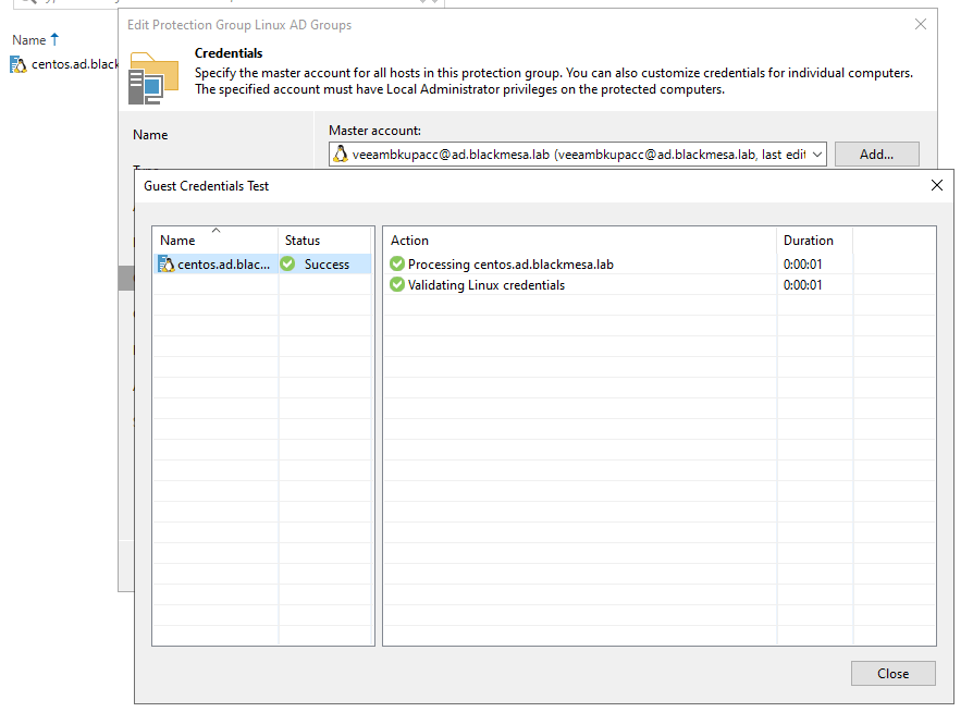 Screenshot showing a successful guest credentials test to centos.ad.blackmesa.lab with the AD credentials visible in the background.