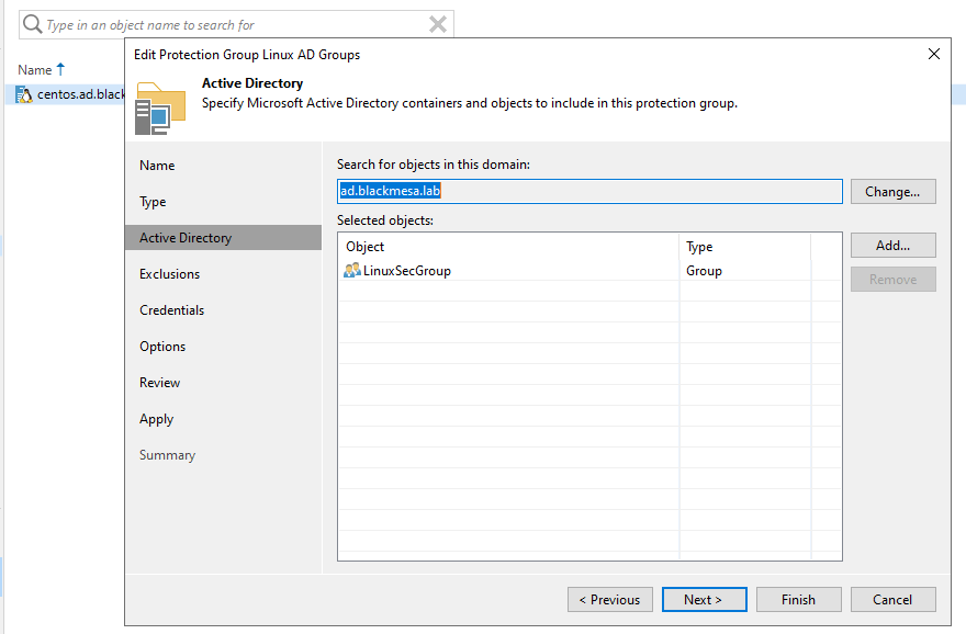 Screenshot of selecting an AD security group called "LinuxSecGroup" within the creation of a protection group.