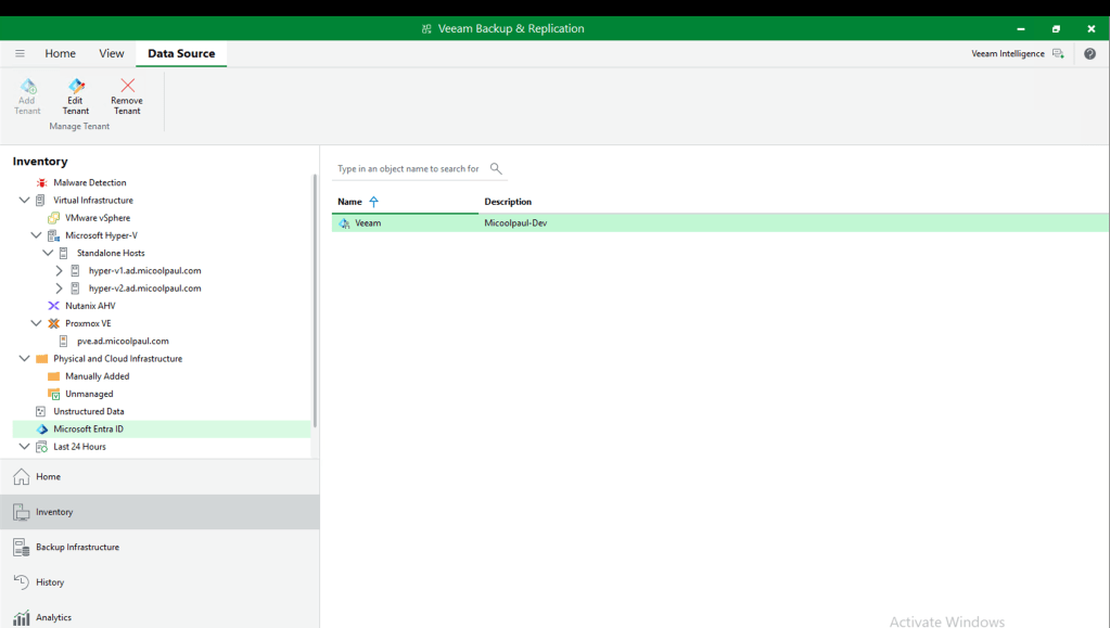 Screenshot of the inventory view within VBR, selecting my Entra ID Organisation.