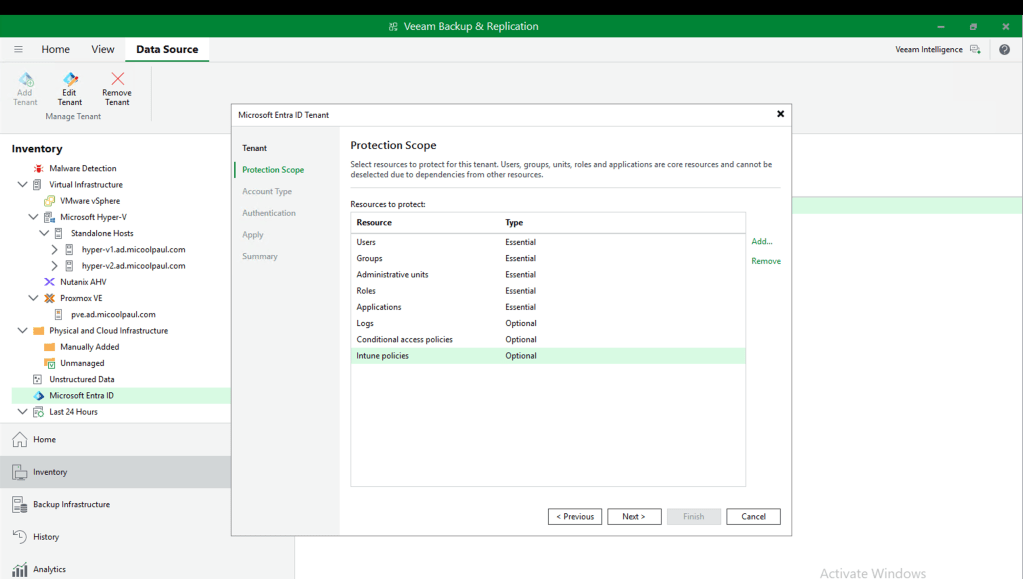 View of the protected object types, with the new object types missing.