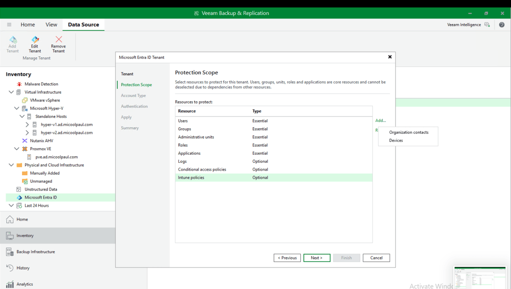 Showing the menu presenting the object types I haven’t protected, achieved by clicking the ‘Add’ text